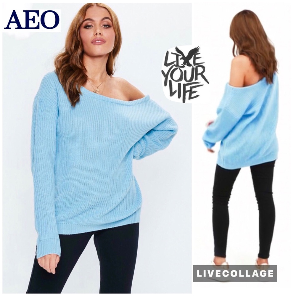 AEO “Live Your Life” v-neck blue oversize sweater